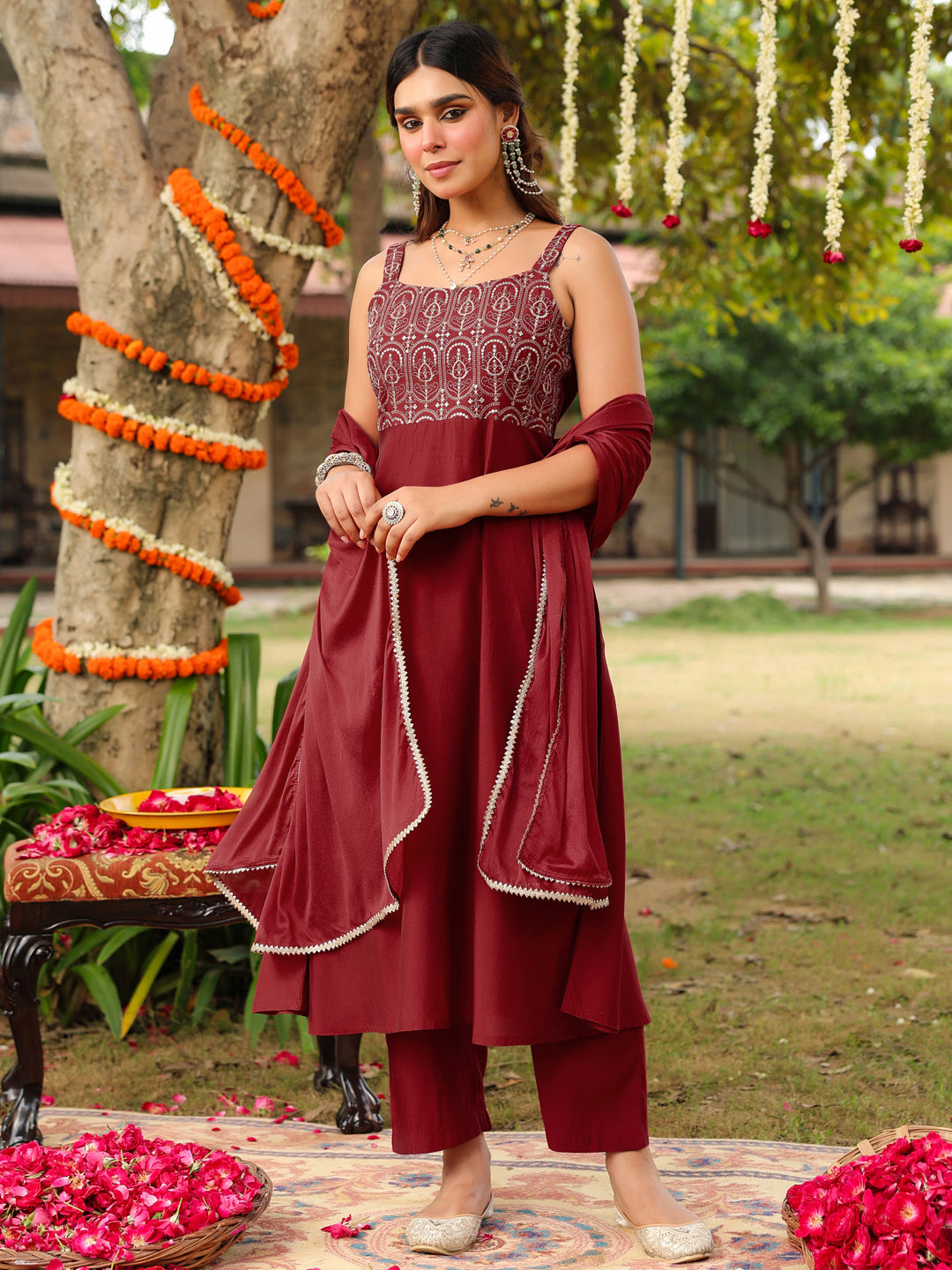 Maroon Pv Chanderi A-Line Embroidered 3-Piece Kurta Set