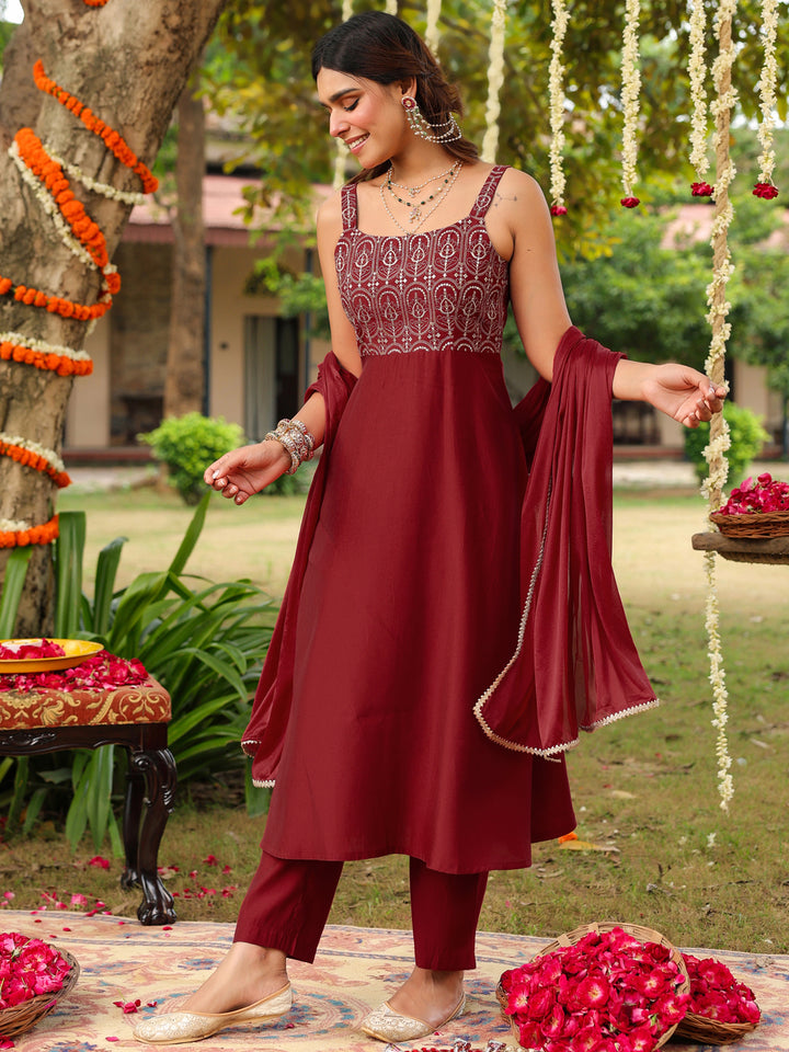 Maroon Pv Chanderi A-Line Embroidered 3-Piece Kurta Set