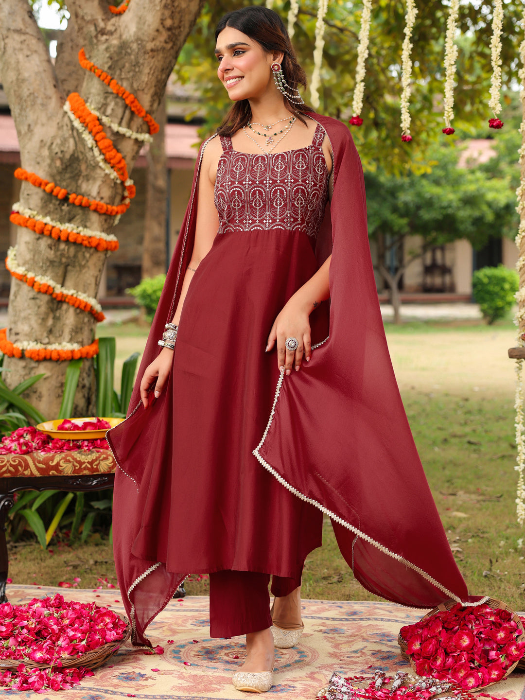 Maroon Pv Chanderi A-Line Embroidered 3-Piece Kurta Set