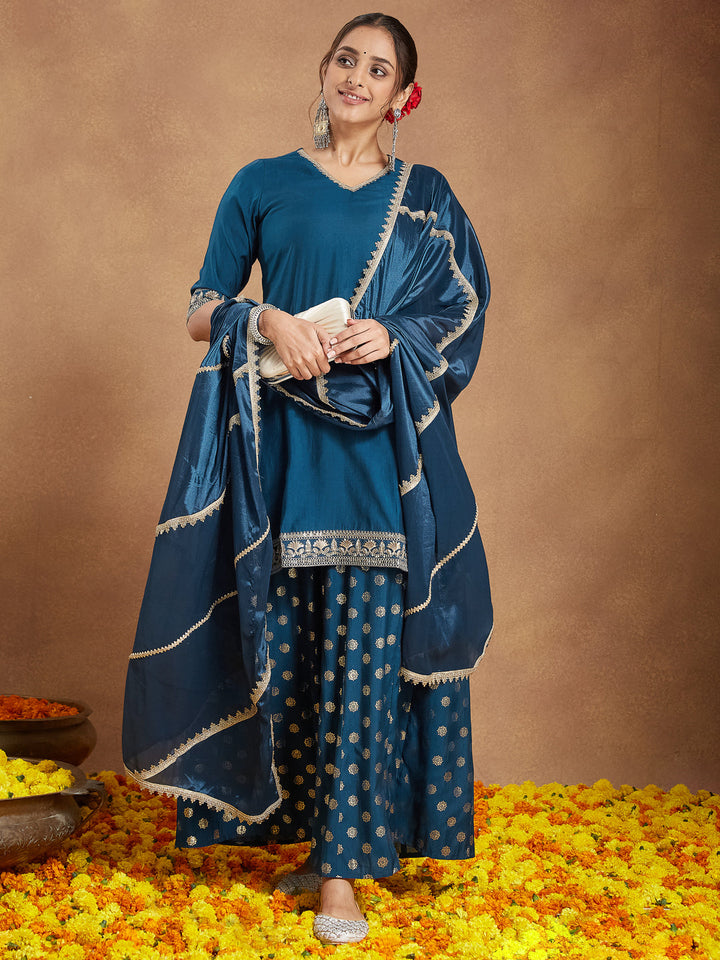 Teal-Chanderi-Straight-Embellished-3-Piece-Kurta-Set