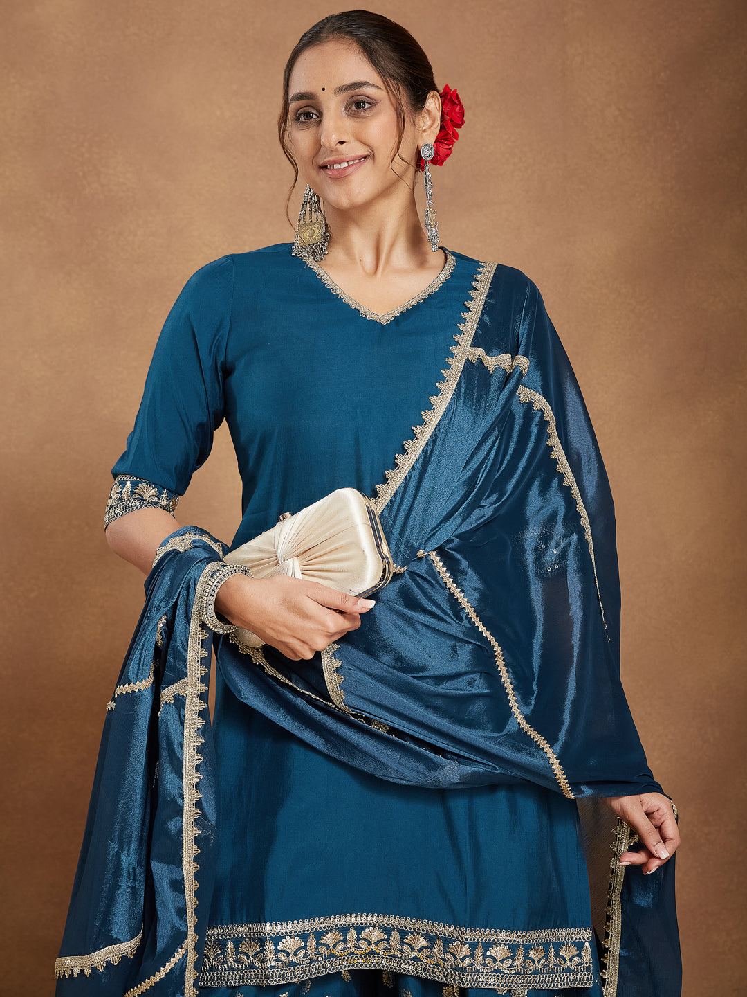 Teal Chanderi Straight Embellished 3-Piece Sharara Set