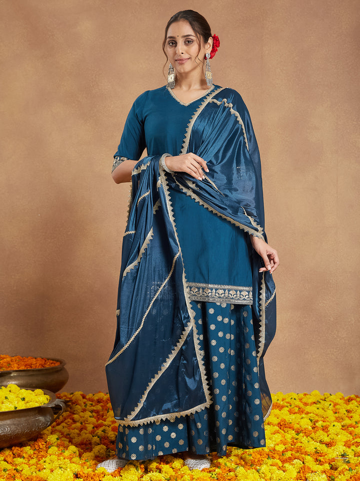 Teal Chanderi Straight Embellished 3-Piece Sharara Set