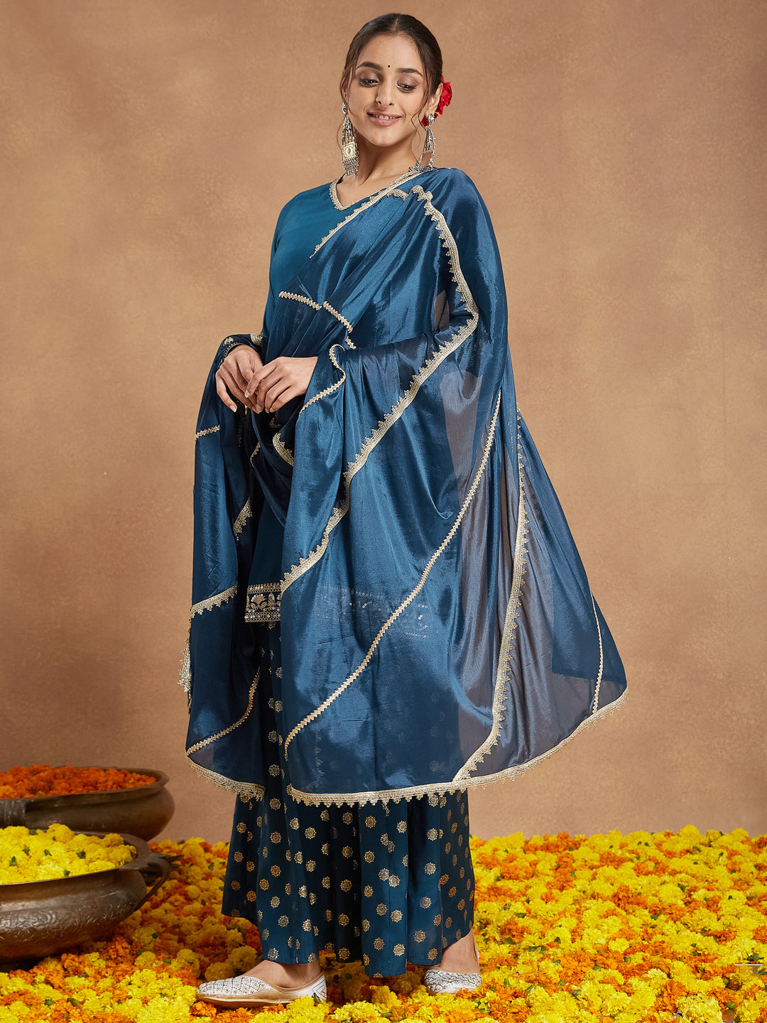 Teal Chanderi Straight Embellished 3-Piece Sharara Set