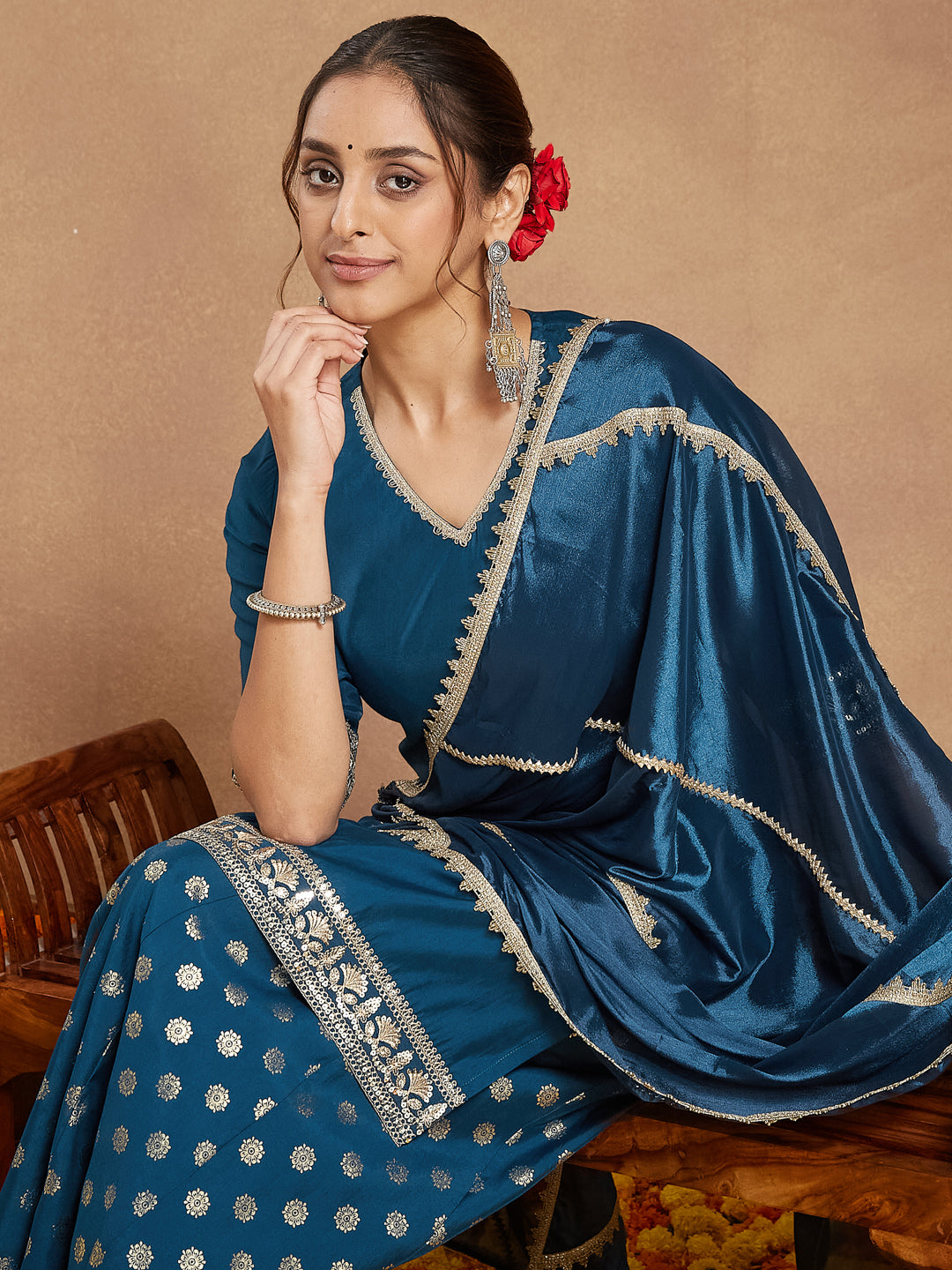 Teal Chanderi Straight Embellished 3-Piece Sharara Set