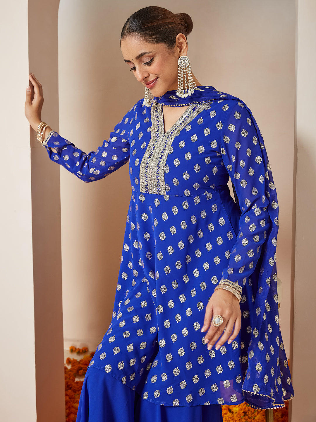Royal-Blue-Georgette-A-Line-Foil-Print-3-Piece-Kurta-Set