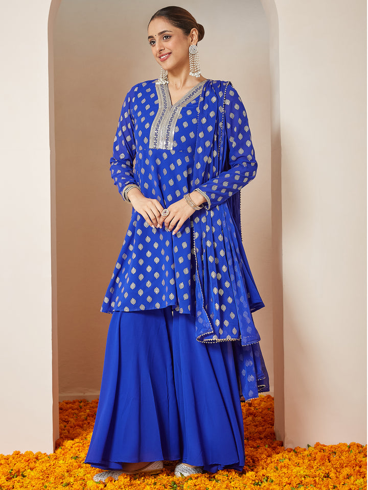 Royal Blue Georgette A-Line Foil Print 3-Piece Sharara Set
