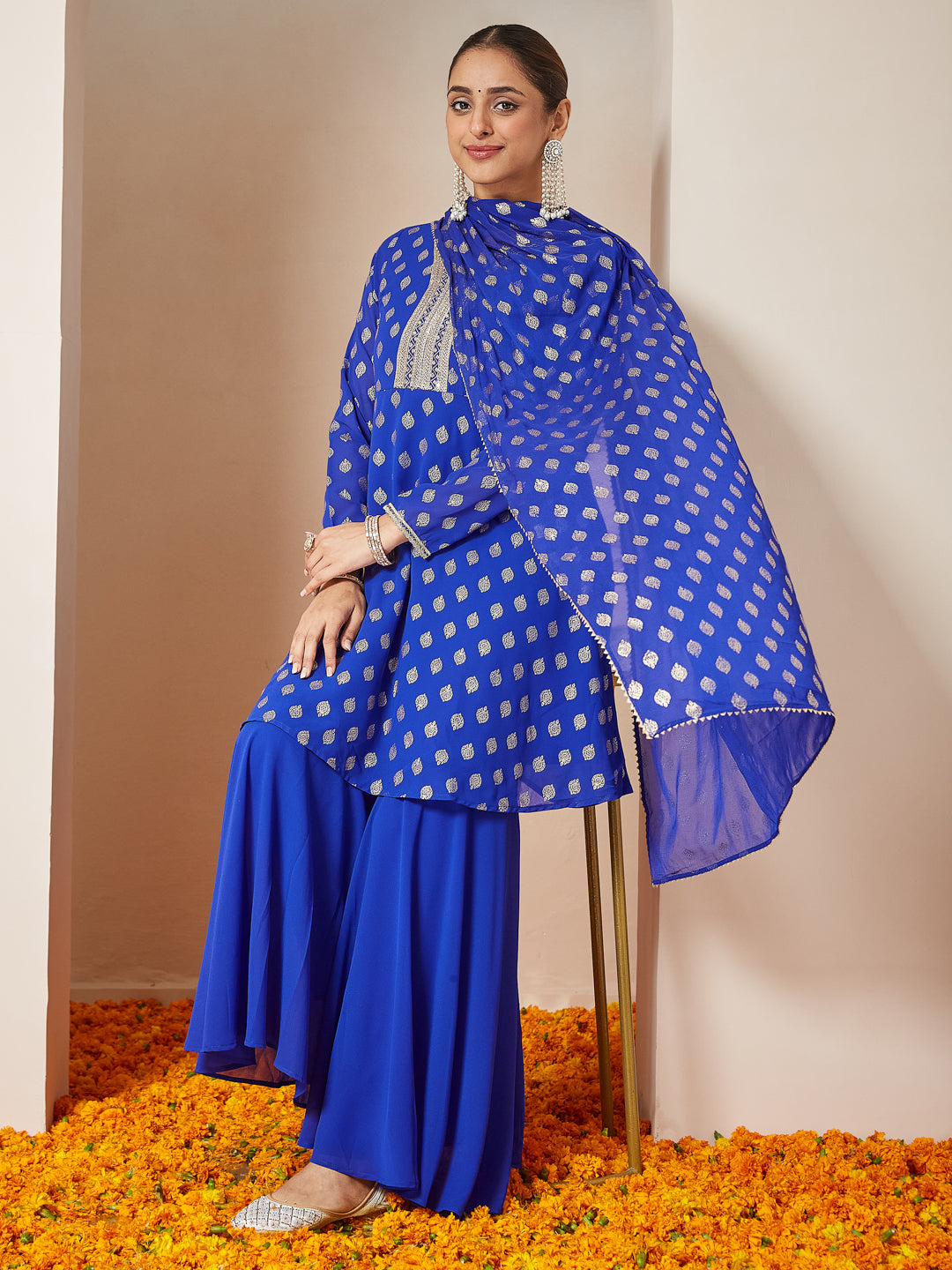 Royal Blue Georgette A-Line Foil Print 3-Piece Sharara Set