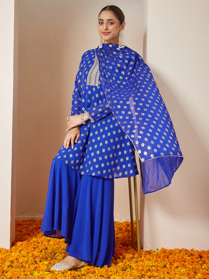 Royal Blue Georgette A-Line Foil Print 3-Piece Sharara Set