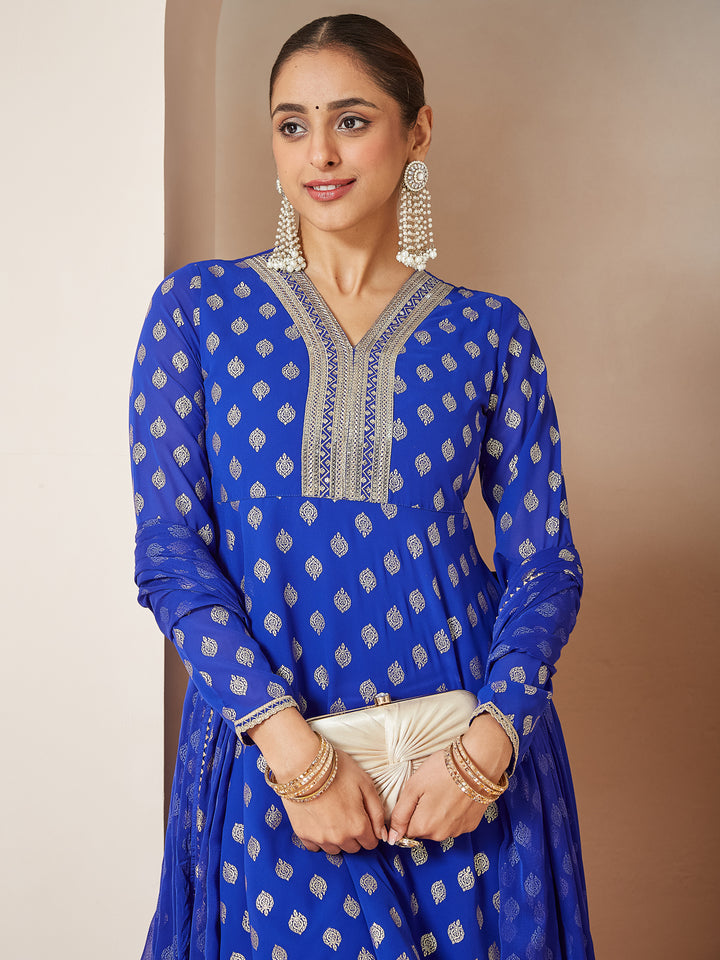 Royal Blue Georgette A-Line Foil Print 3-Piece Sharara Set