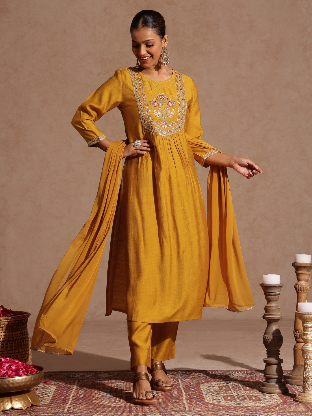 Mustard Silk Blend Embroidered 3-Piece Kurta Set