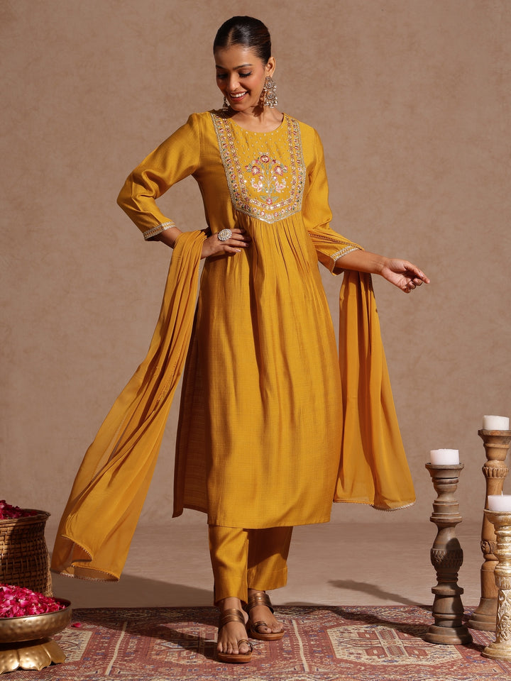 Mustard Silk Blend Embroidered 3-Piece Kurta Set