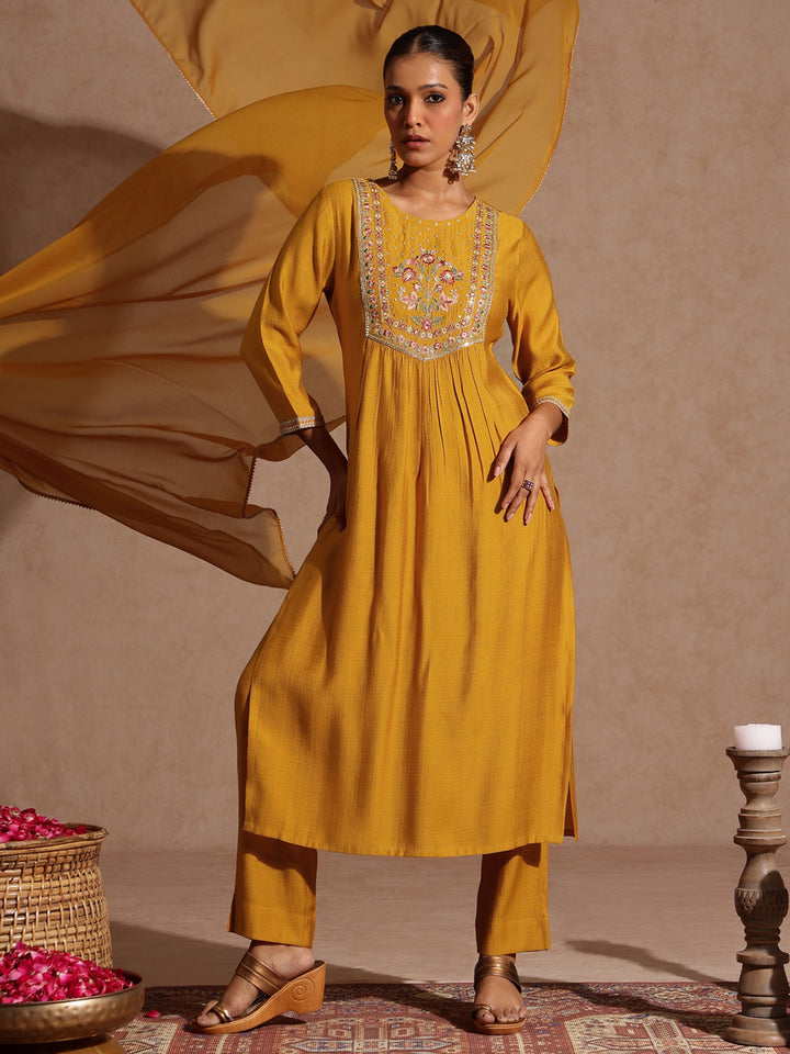 Mustard Silk Blend Embroidered 3-Piece Kurta Set