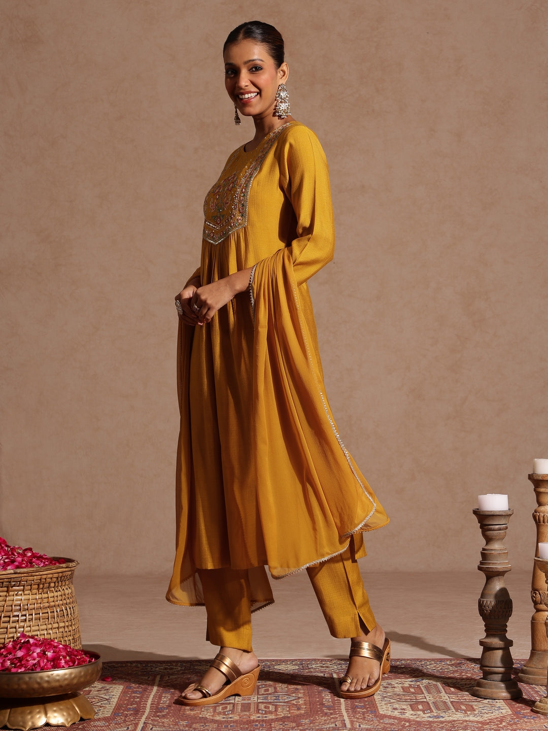 Mustard Silk Blend Embroidered 3-Piece Kurta Set