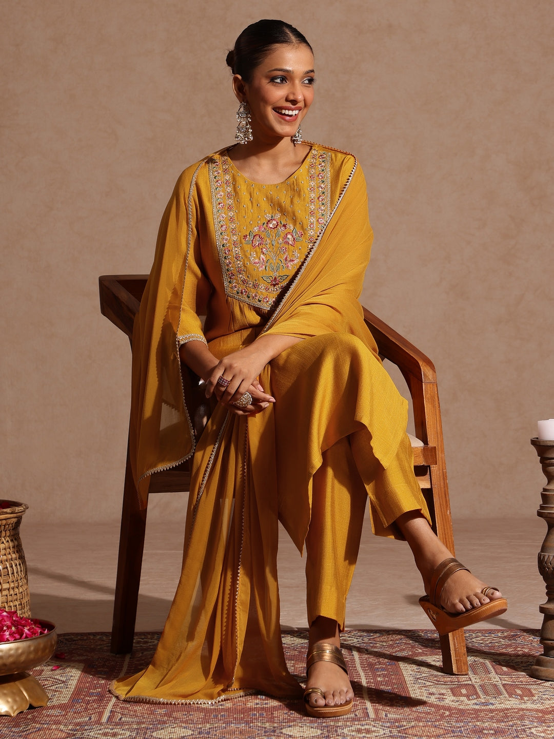 Mustard Silk Blend Embroidered 3-Piece Kurta Set