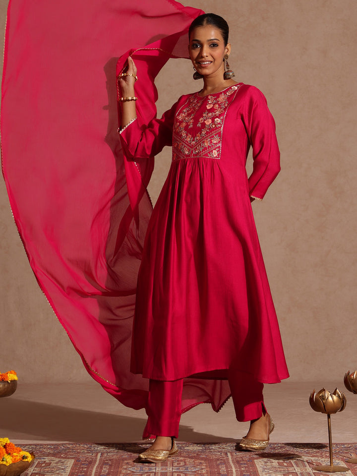 Pink Silk Blend Yoke Embroidery 3-Piece Kurta Set