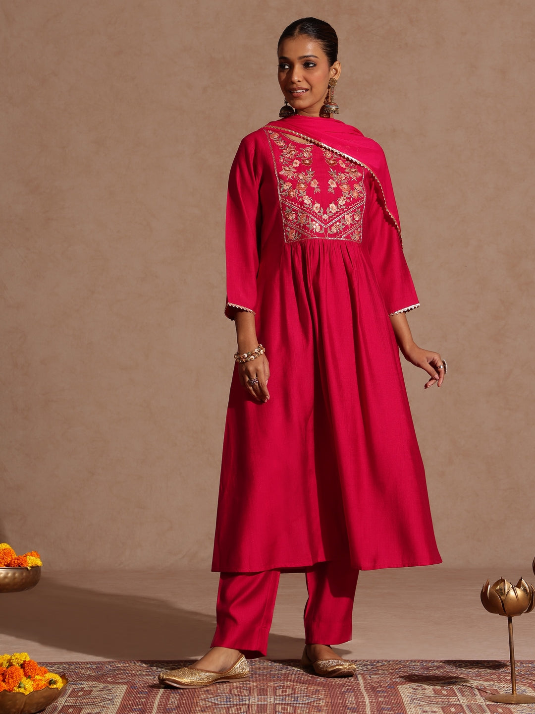 Pink Silk Blend Yoke Embroidery 3-Piece Kurta Set