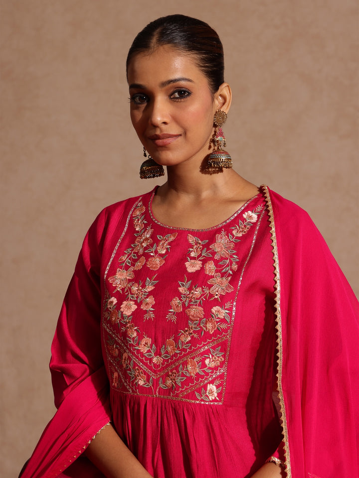 Pink Silk Blend Yoke Embroidery 3-Piece Kurta Set