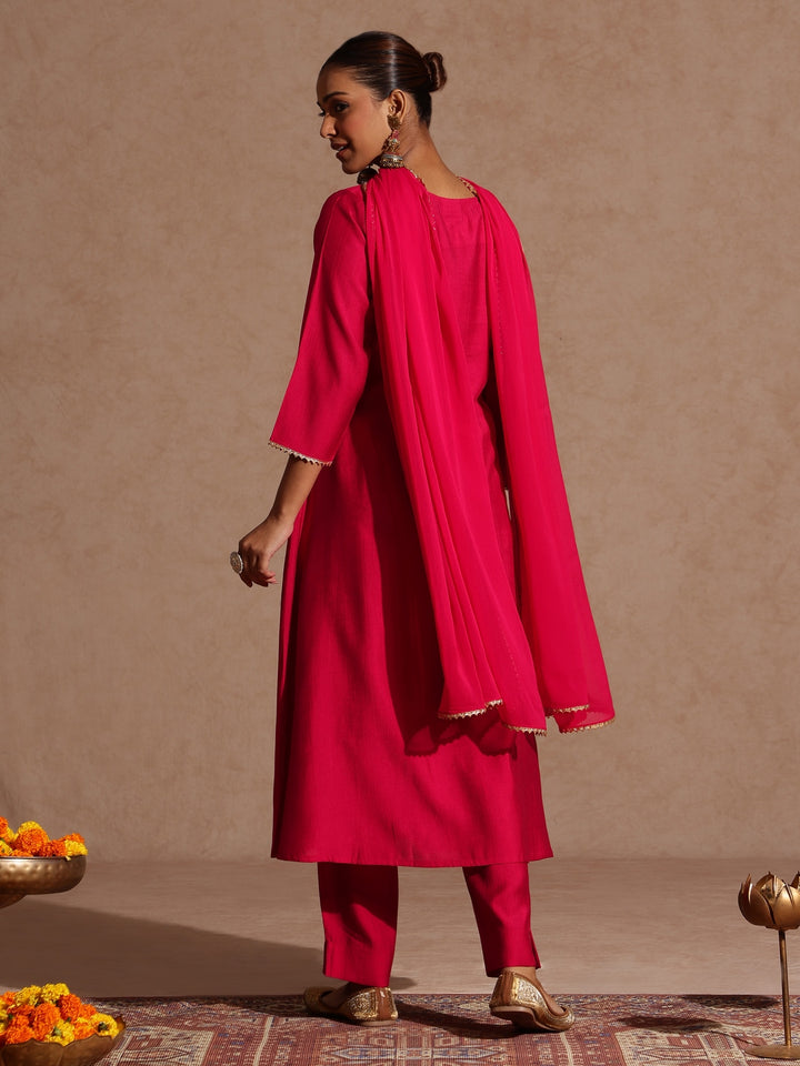 Pink Silk Blend Yoke Embroidery 3-Piece Kurta Set