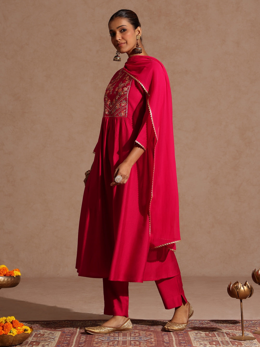 Pink Silk Blend Yoke Embroidery 3-Piece Kurta Set