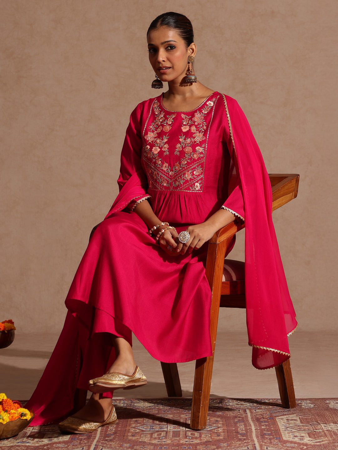 Pink Silk Blend Yoke Embroidery 3-Piece Kurta Set