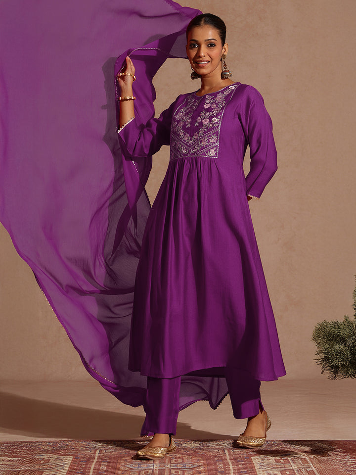 Purple Silk Blend Yoke Embroidery 3-Piece Kurta Set