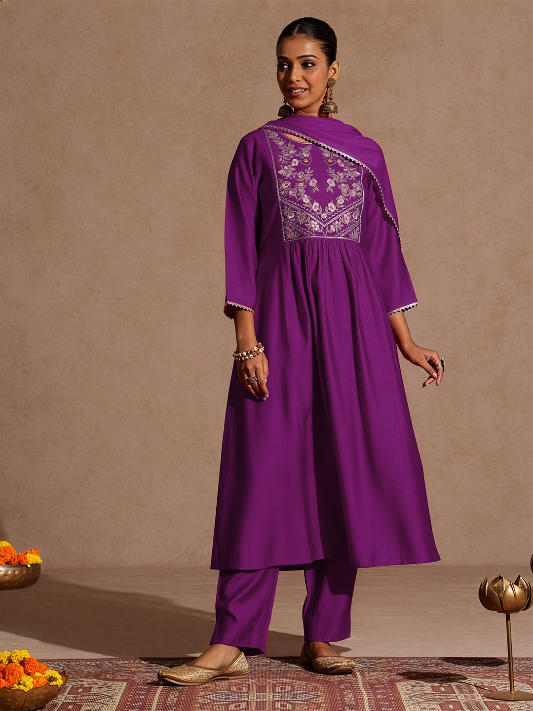 Purple Silk Blend Yoke Embroidery 3-Piece Kurta Set