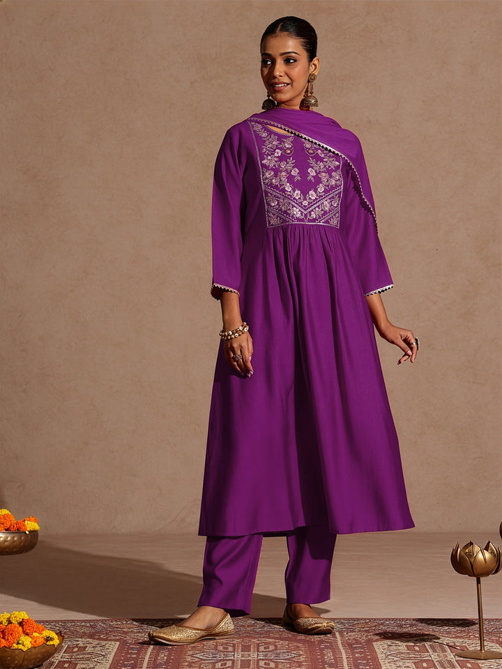 Purple Silk Blend Yoke Embroidery 3-Piece Kurta Set