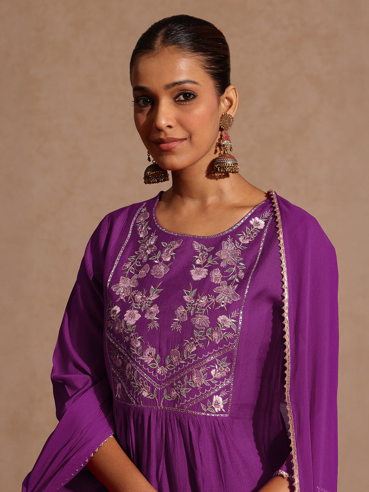 Purple Silk Blend Yoke Embroidery 3-Piece Kurta Set