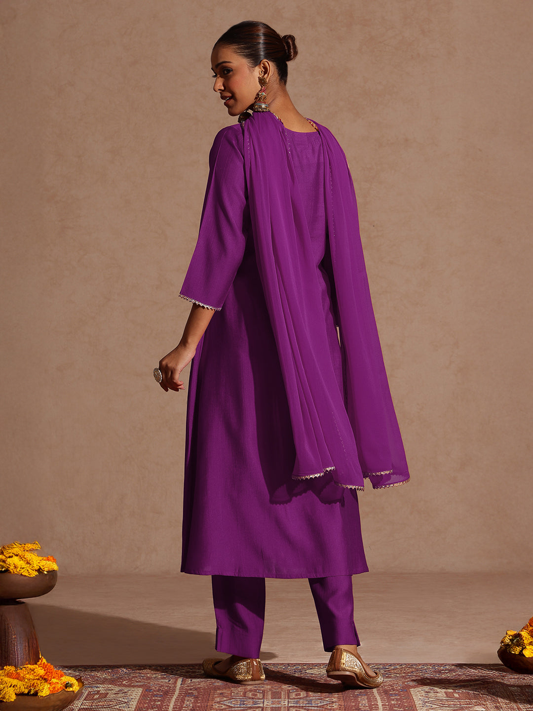 Purple Silk Blend Yoke Embroidery 3-Piece Kurta Set