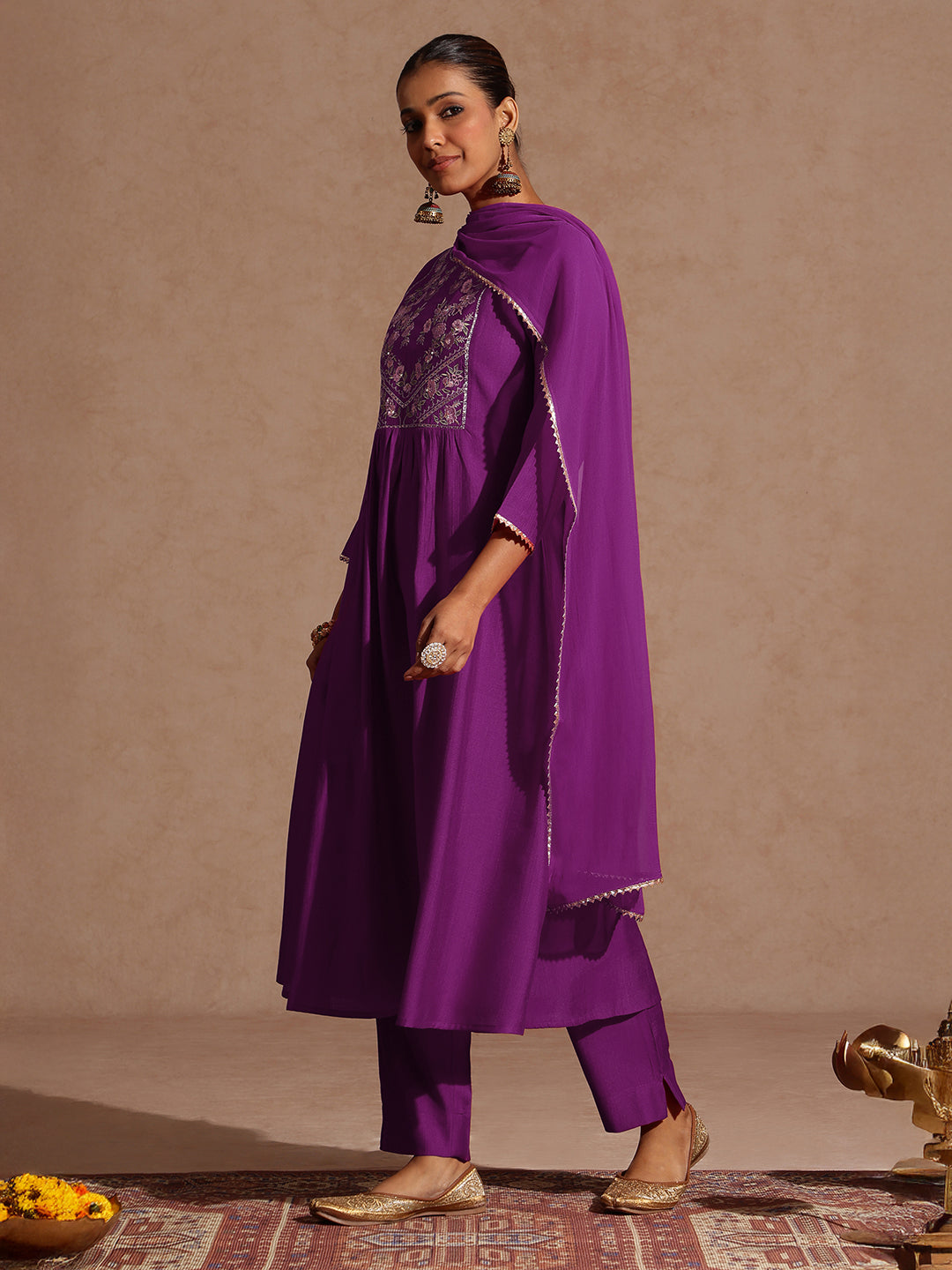 Purple Silk Blend Yoke Embroidery 3-Piece Kurta Set