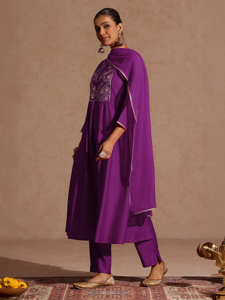 Purple Silk Blend Yoke Embroidery 3-Piece Kurta Set