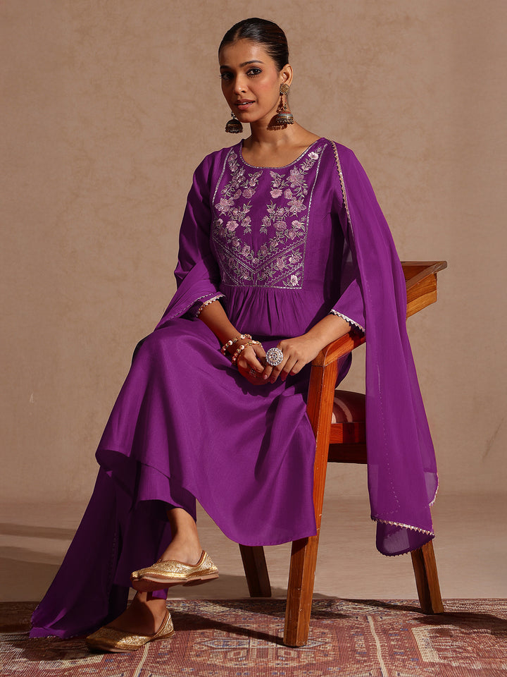 Purple Silk Blend Yoke Embroidery 3-Piece Kurta Set