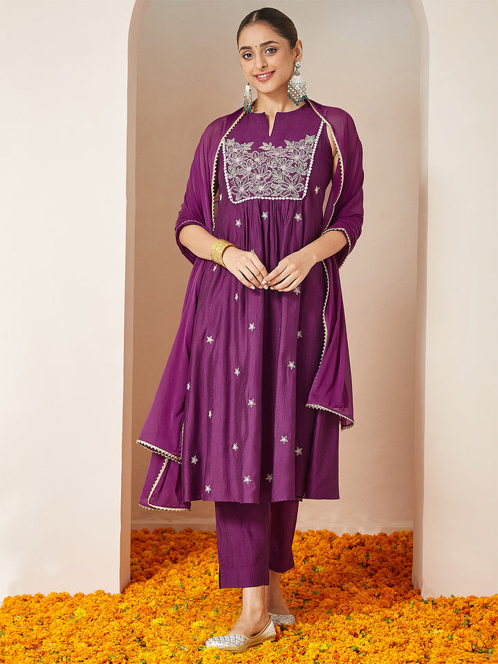 Purple Silk Blend Embroidered 3-Piece Kurta Set