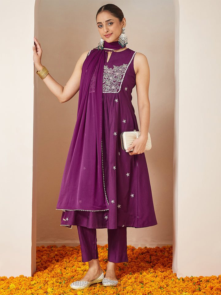 Purple Silk Blend Embroidered 3-Piece Kurta Set