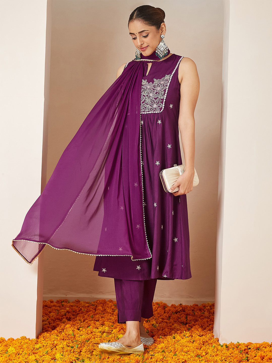 Purple Silk Blend Embroidered 3-Piece Kurta Set