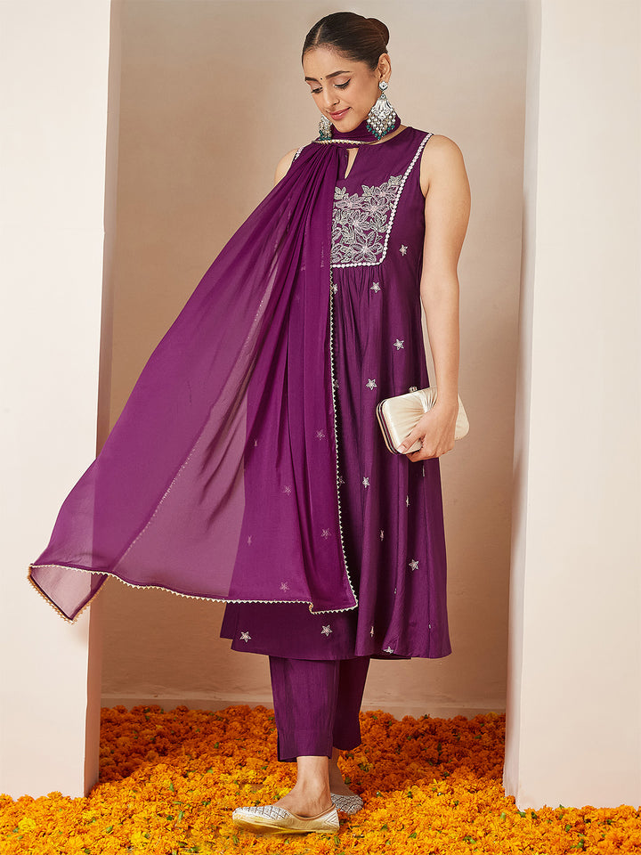 Purple Silk Blend Embroidered 3-Piece Kurta Set
