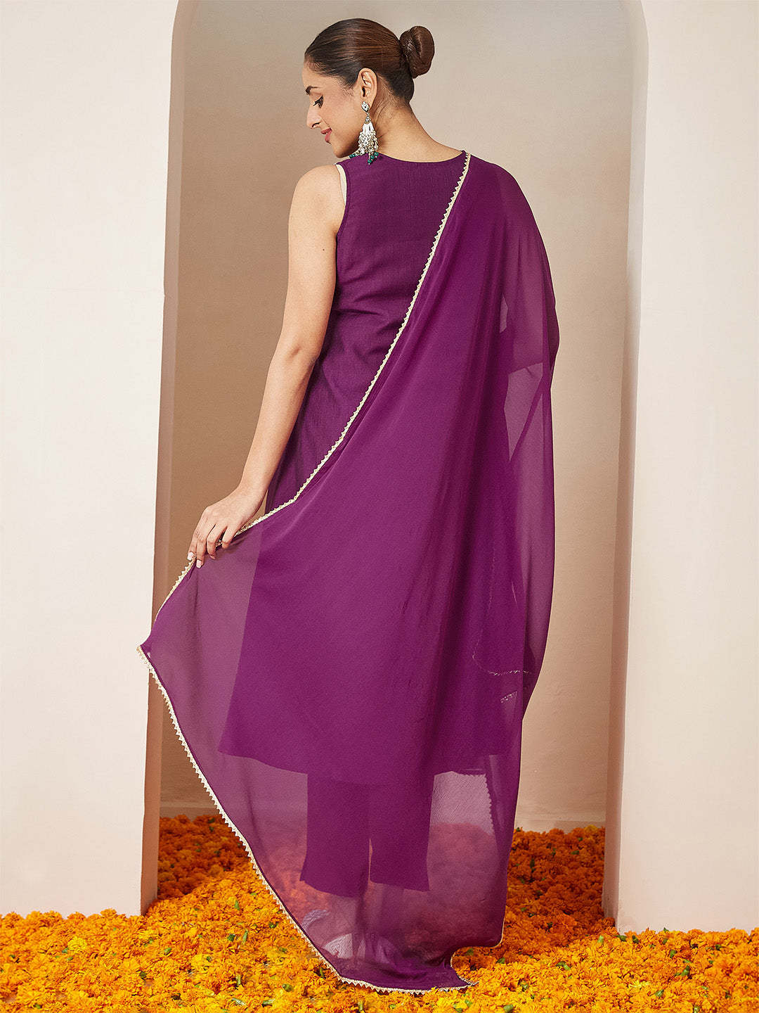 Purple Silk Blend Embroidered 3-Piece Kurta Set