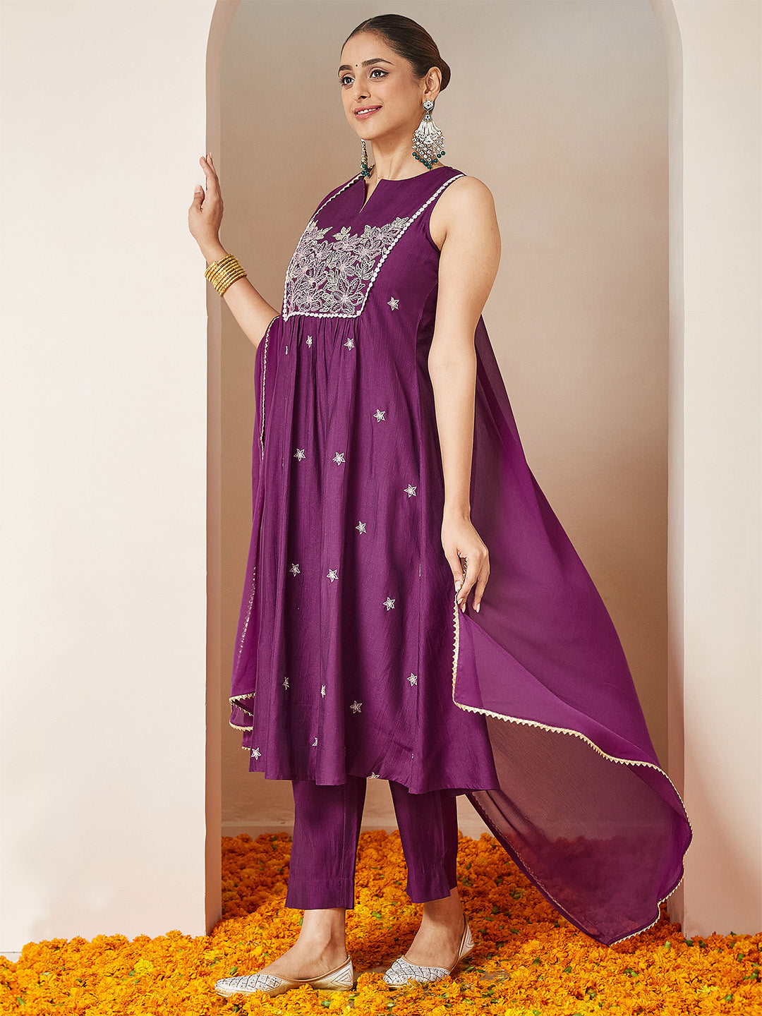 Purple Silk Blend Embroidered 3-Piece Kurta Set