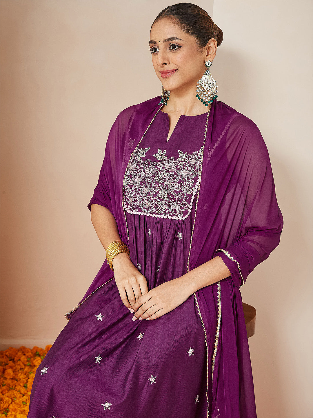 Purple Silk Blend Embroidered 3-Piece Kurta Set