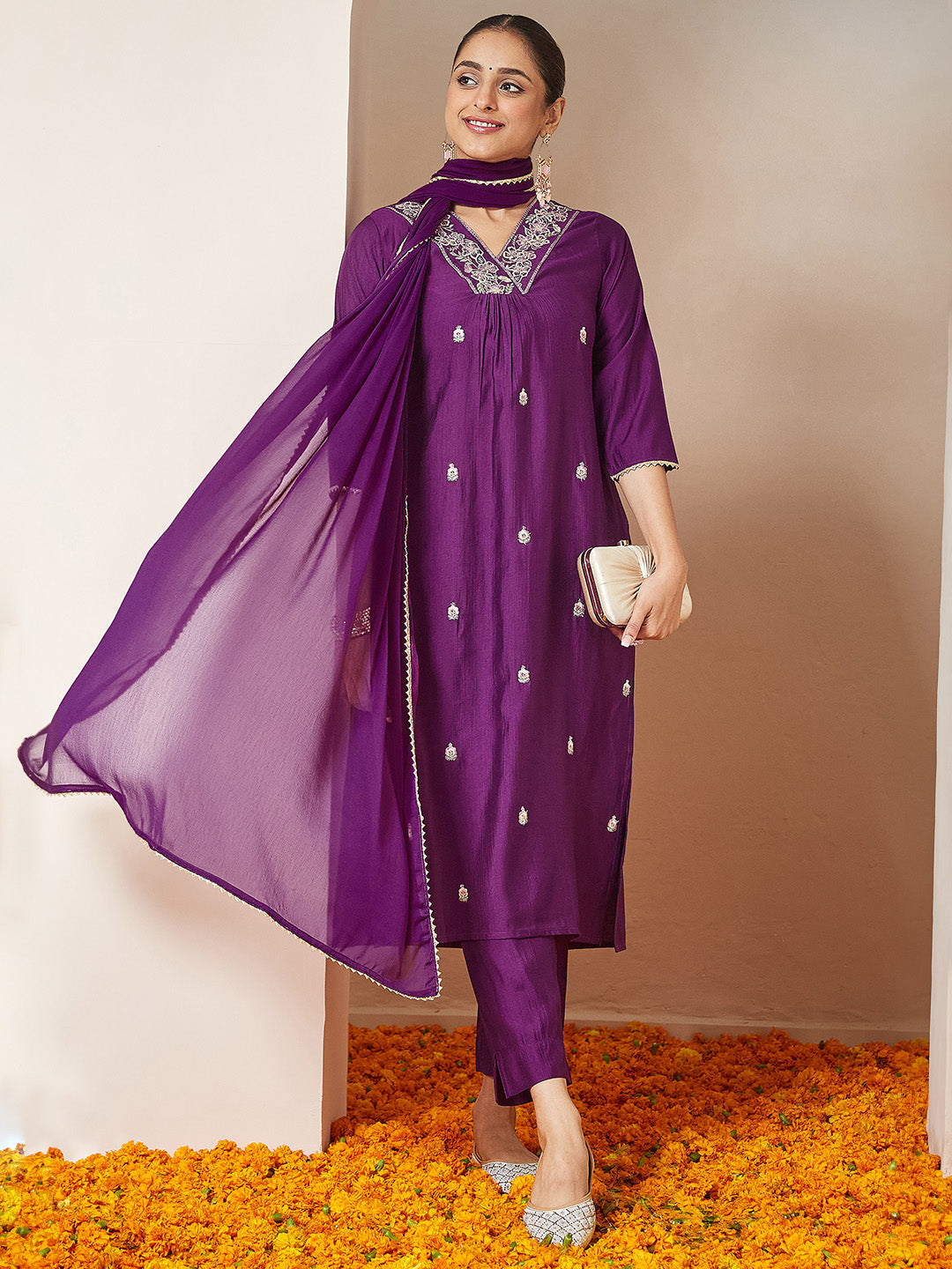 Purple Silk Blend Embroidered 3-Piece Kurta Set With Dupatta