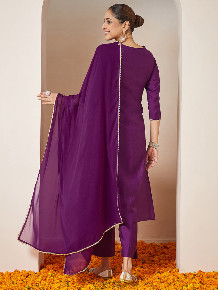 Purple Silk Blend Embroidered 3-Piece Kurta Set With Dupatta