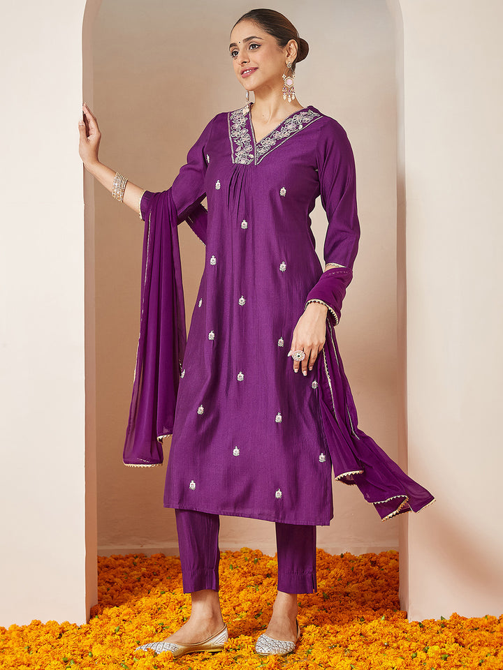 Purple Silk Blend Embroidered 3-Piece Kurta Set With Dupatta