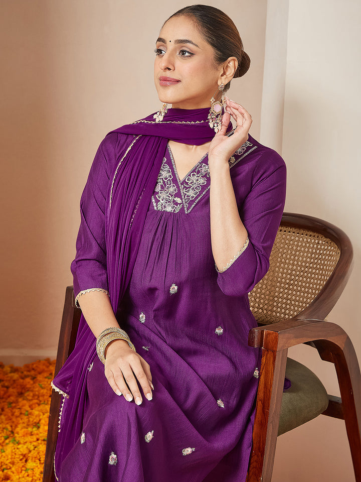 Purple Silk Blend Embroidered 3-Piece Kurta Set With Dupatta