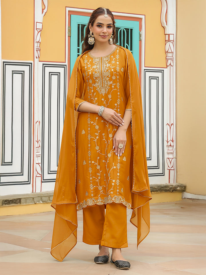 Mustard Silk Blend Embroidered 3-Piece Kurta Set