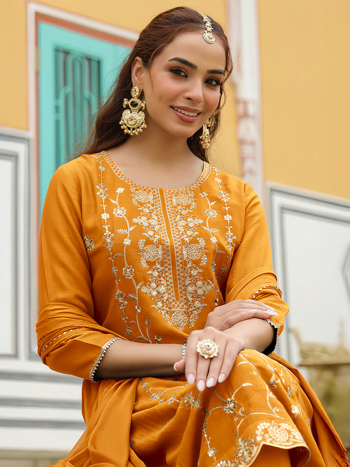 Mustard Silk Blend Embroidered 3-Piece Kurta Set