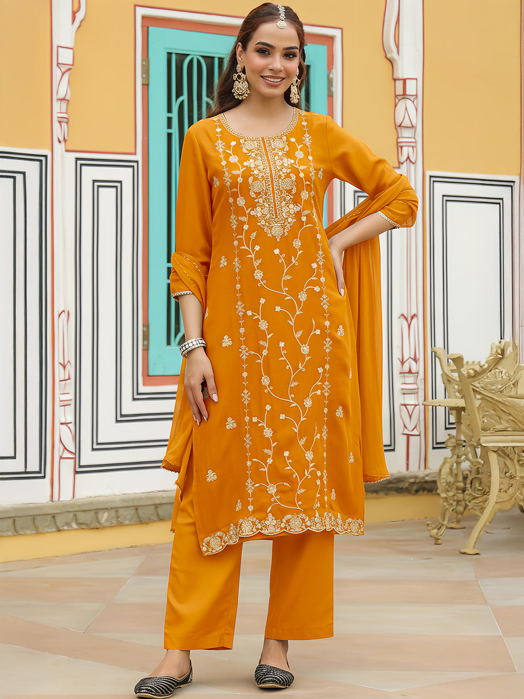 Mustard Silk Blend Embroidered 3-Piece Kurta Set