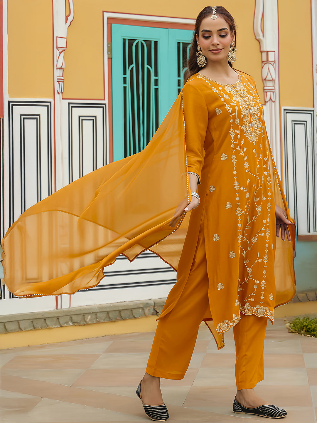 Mustard Silk Blend Embroidered 3-Piece Kurta Set