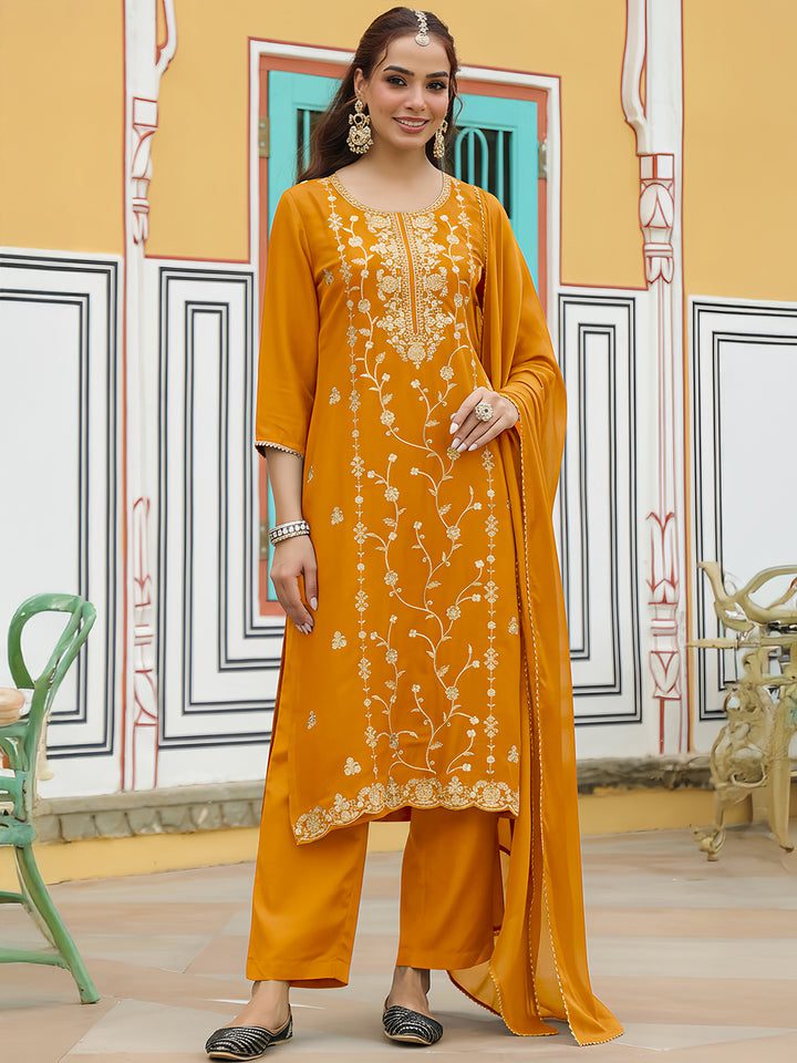 Mustard Silk Blend Embroidered 3-Piece Kurta Set