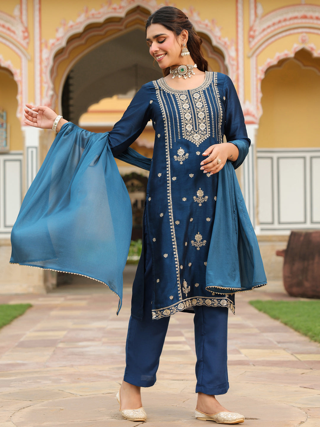 Blue Vichitra Blooming Straight Embroidered 3-Piece Kurta Set