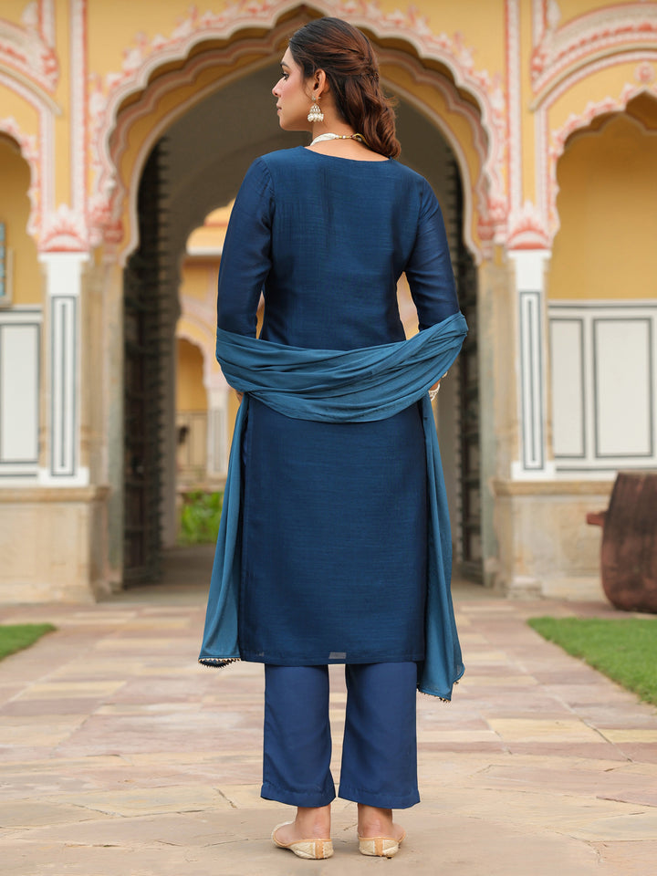 Blue Vichitra Blooming Straight Embroidered 3-Piece Kurta Set